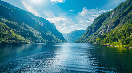 Fototapeta premium Norway fjord on a sunny day, with deep blue waters and dramatic cliffs. Mountains reflecting in the clear blue water.