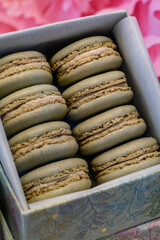 Macarons, sweet meringue-based confection made with egg white, icing sugar, granulated sugar, almond meal, and often food colouring