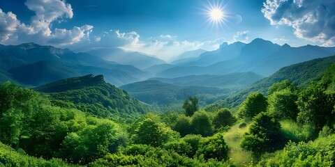 Scenic Summer Travel Lush Greenery, Mountains, and Blue Skies. Concept Nature Photography, Travel, Summer Vibes, Scenic Landscapes, Adventure