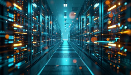Abstract 3D render of interconnected digital towers and infrastructure representing web services and telecommunications networks.