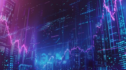 Fototapeta premium Captivating digital artwork fusing tranquil blue and purple gradients with financial visualizations.