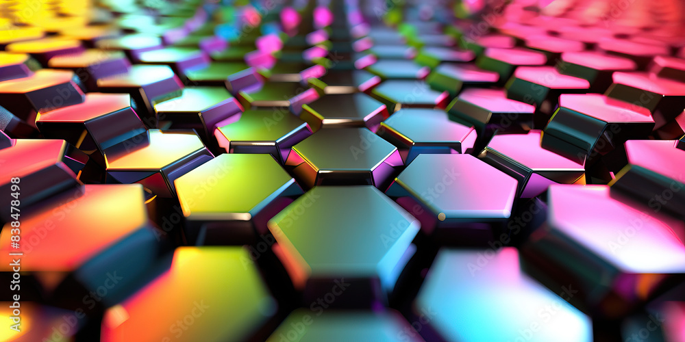 Poster the hexagonal harmony: a pattern of colorful hexagons, surrounding a central node.