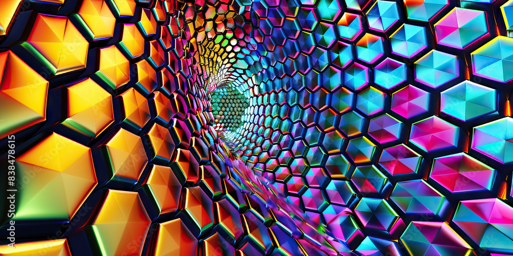 Poster the hexagonal harmony: a pattern of colorful hexagons, surrounding a central node.