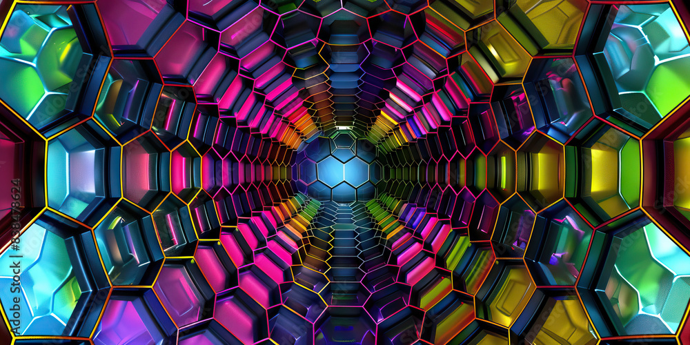Poster the hexagonal harmony: a pattern of colorful hexagons, surrounding a central node.