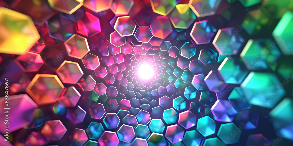 Poster the hexagonal harmony: a pattern of colorful hexagons, surrounding a central node.