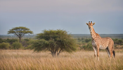 Obraz premium An adult female giraffe walks in the warm golden sunlight