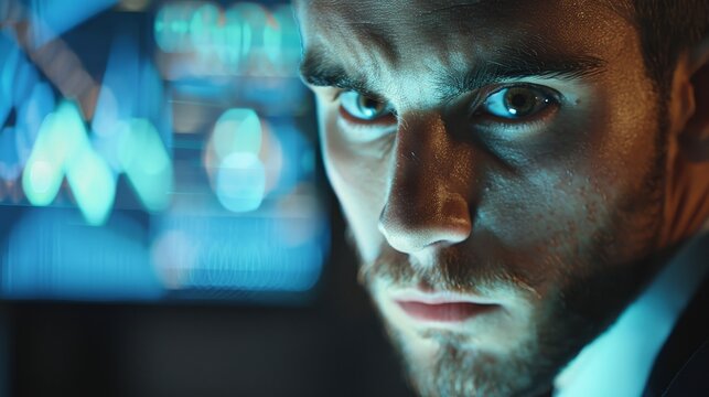 Evident passion in his eyes, blurred projector screen displaying business strategy.