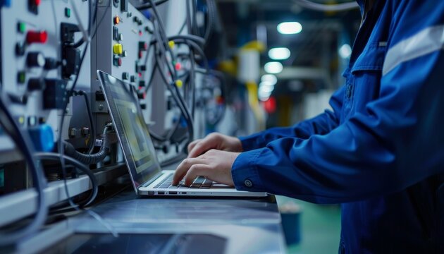 Factory worker using laptop to control automated machinery via PLC (Programmable Logic Controller).