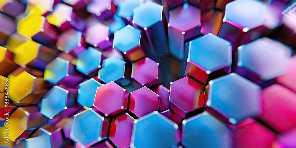 Poster the hexagonal harmony: a pattern of colorful hexagons, surrounding a central node.