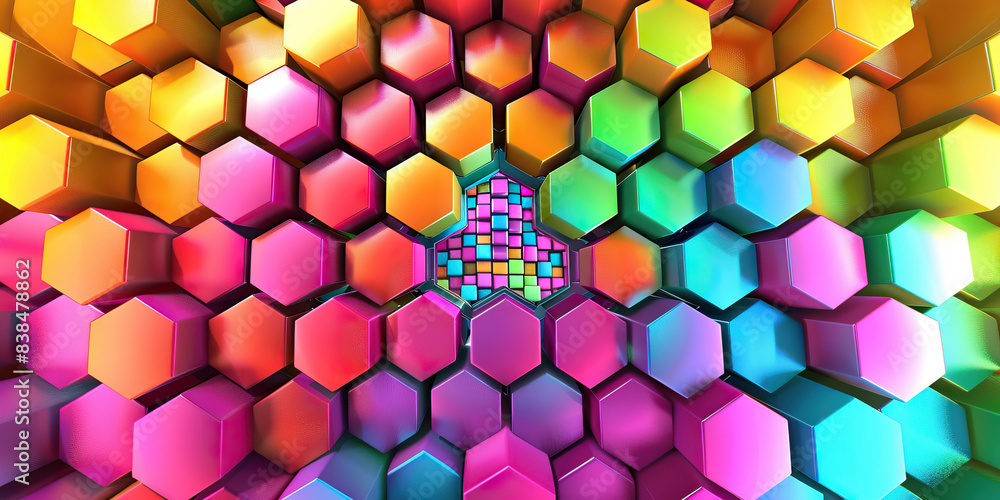 Poster the hexagonal harmony: a pattern of colorful hexagons, surrounding a central node.