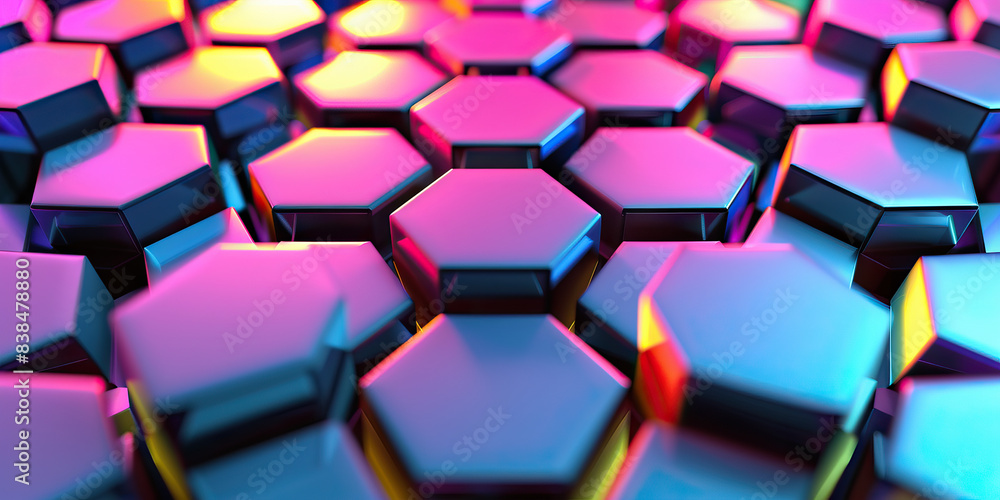 Poster the hexagonal harmony: a pattern of colorful hexagons, surrounding a central node.