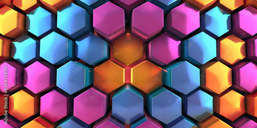Poster the hexagonal harmony: a pattern of colorful hexagons, surrounding a central node.