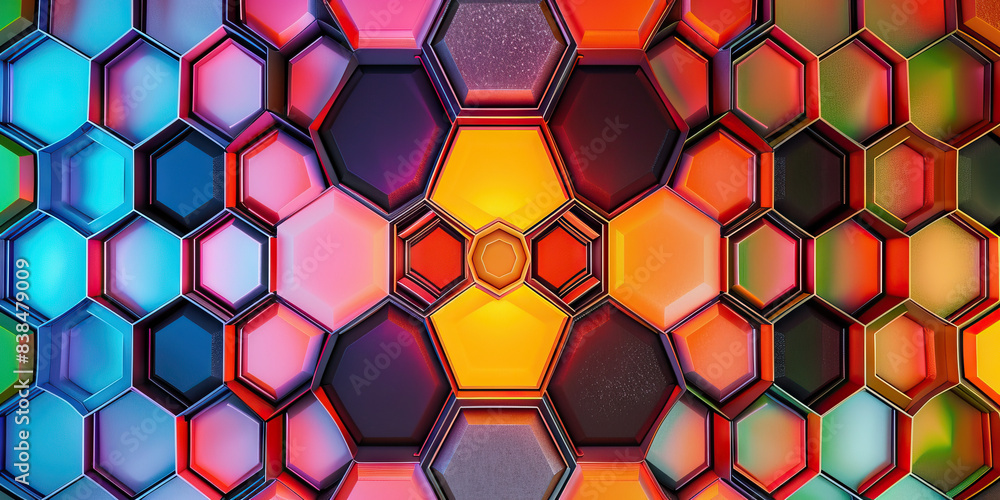 Poster the hexagonal harmony: a pattern of colorful hexagons, surrounding a central node.
