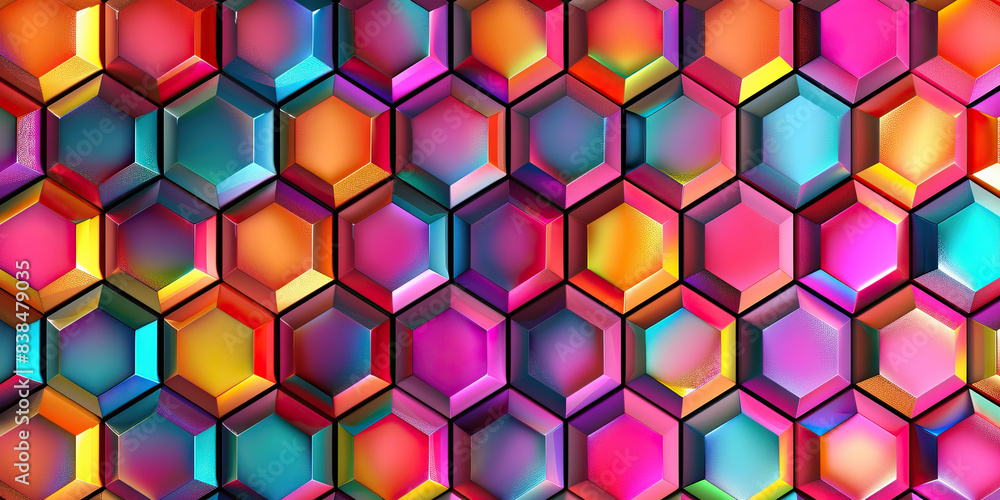 Poster the hexagonal harmony: a pattern of colorful hexagons, surrounding a central node.