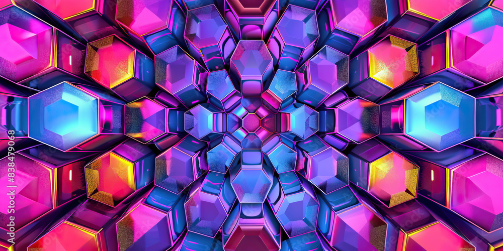 Poster the hexagonal harmony: a pattern of colorful hexagons, surrounding a central node.