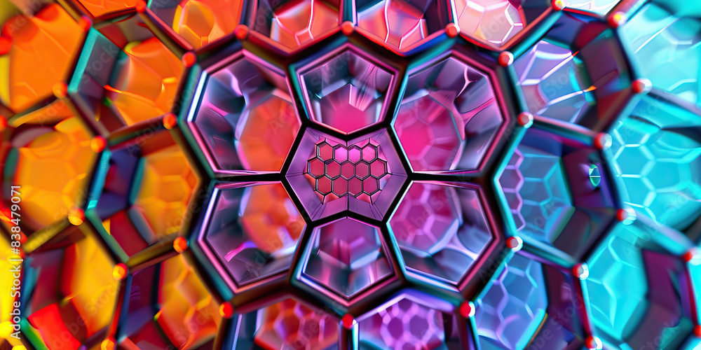 Poster the hexagonal harmony: a pattern of colorful hexagons, surrounding a central node.