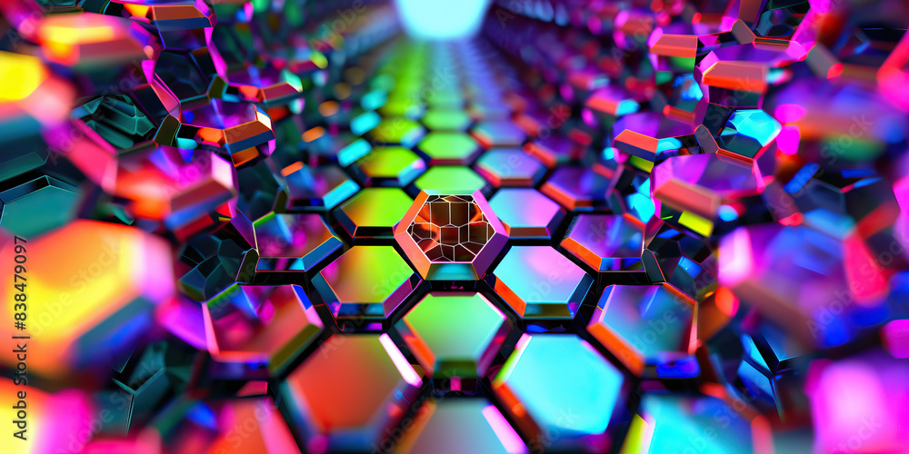 Poster the hexagonal harmony: a pattern of colorful hexagons, surrounding a central node.