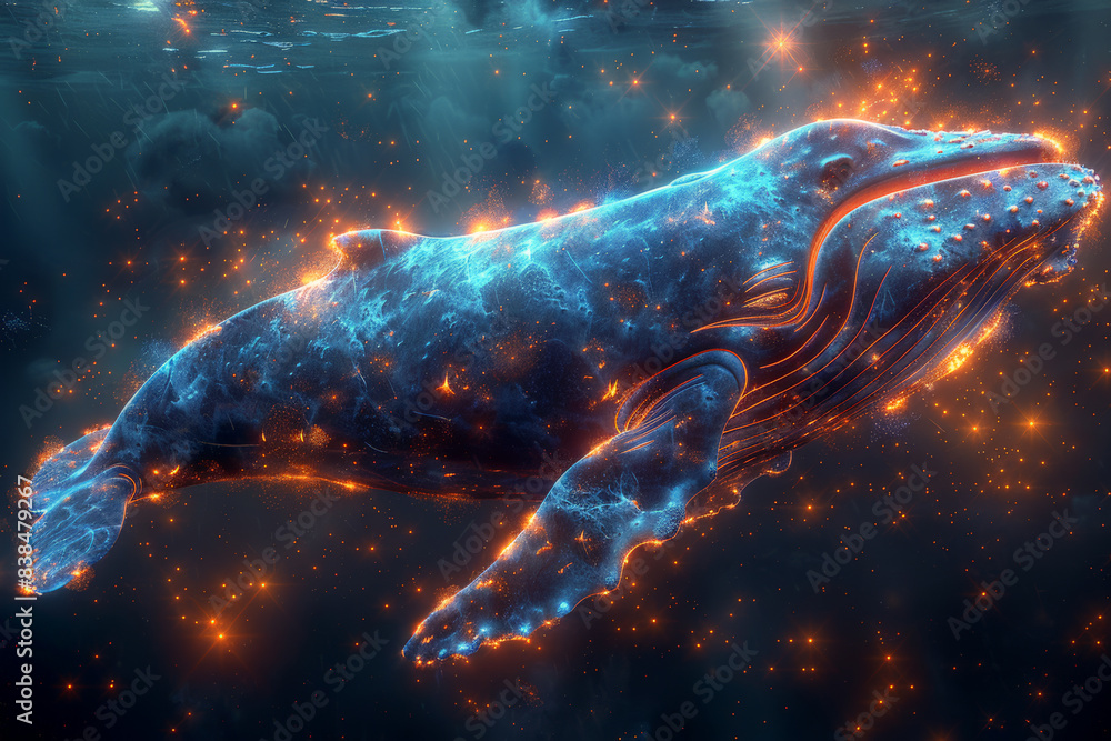 Wall mural Whale swimming through dark blue and orange nebula, particles of light representing cryptocurrency