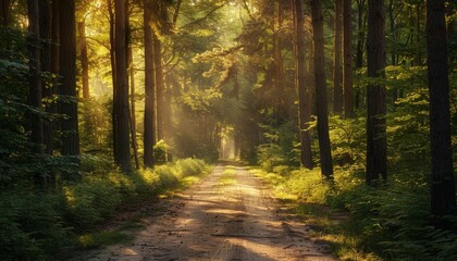 Obraz premium Mesmerizing summer forest road bathed in dappled sunlight, enveloped by towering trees adorned with vibrant greenery, casting a golden glow upon the path.