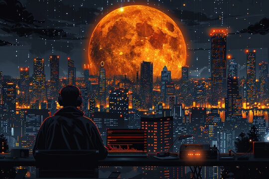 Crypto trader working late at night under a blood moon rising over a cityscape in the background