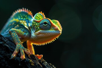 Colorful chameleon sitting on top of a tree branch in a serene nature setting