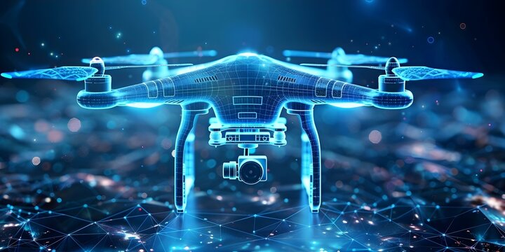 Digital wireframe of futuristic drones with blue neon glow low poly 3D. Concept 3D design, Futuristic drones, Neon glow, Digital wireframe, Low poly