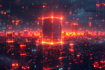 Fototapeta premium Digital cityscape with illuminated buildings representing crypto trading