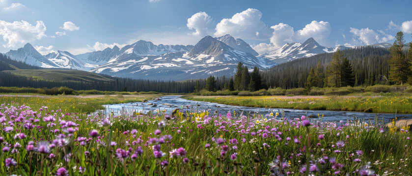 Green wide beautiful landscape with big river and flower fields with blue cloudy sky mountains snowy peaks background