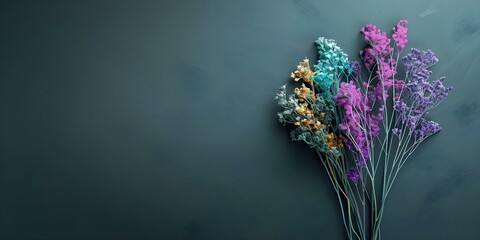 Artisanal and Unique Handmade Minimalist Dried Flower Bouquet on Black Background. Concept Dried Flower Bouquet, Minimalist Design, Handmade Artisanal, Black Background, Unique Arrangement