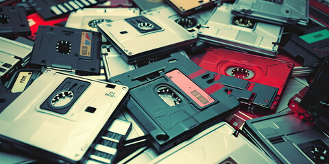 The Digital Diaspora: A scattered collection of old floppy disks, cassette tapes, and VHS tapes.