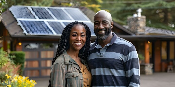 Happy Black couple 50s in driveway of home with solar panels. Concept Outdoor Photoshoot, Colorful Props, Joyful Portraits, Playful Poses, Solar Panel Home