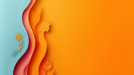 Colorful paper art background with flowers and a woman's face on a blue and orange background