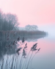 A beautiful misty lake at sunrise. The still water reflects the sky, trees, and reeds. The soft pastel colors create a peaceful and serene scene.