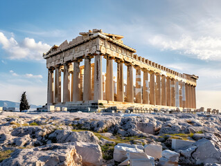 Ancient Greek Parthenon stands proudly on hillside, overlooking vibrant city of Athens below.