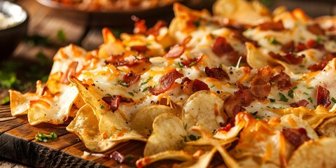 Obraz premium Cheesy bacon-topped potato chips a delicious savory snack. Concept Savory Snacks, Cheesy Recipes, Potato Chip Toppings, Bacon Lovers, Easy Appetizers