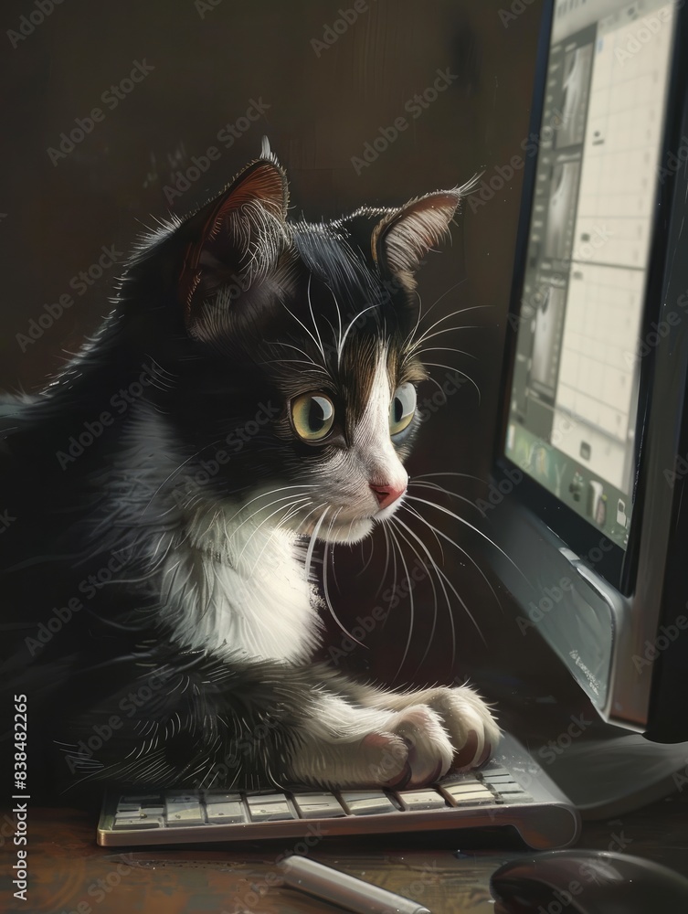 Poster chat concentrã© et captivã© devant un ordinateur hyper realistic
