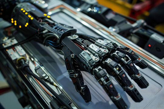 High Angle Overhead Top View of Robotic Arm Prosthesis in Rehabilitation with Artificial Limb - Powered by Adobe