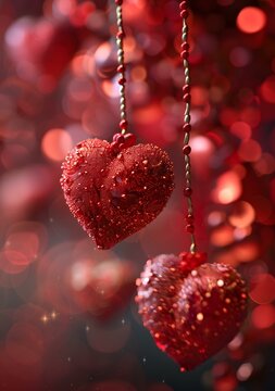 Two red heart-shaped ornaments hanging from a string of beads with a blurred red background