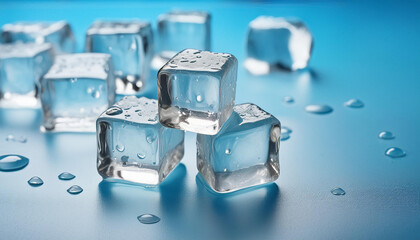Ice cubes on blue background. Frozen water. Close-up.