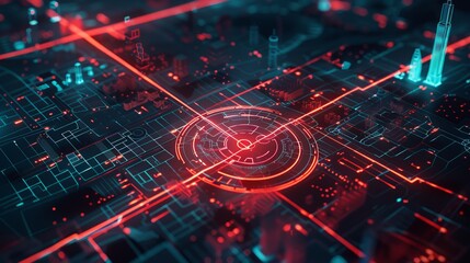 A futuristic 3D rendering presents a top-view city map enhanced with navigator lines and destination GPS markers