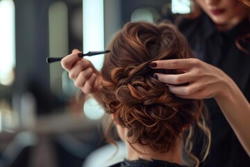 Fototapeta premium Top View of Professional Hairdresser Working at Salon