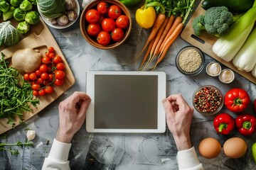 Professional male chef in high angle overhead view