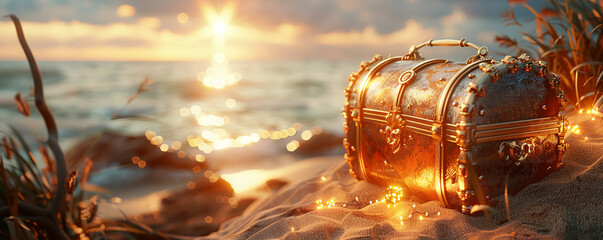 Enchanted Treasure Chest, Jewels Gleaming, Holding Ancient Cursed Relics, Resting on a Sandy Beach, Bathed in Golden Sunlight, 3D Render, Golden Hour, Lens Flare