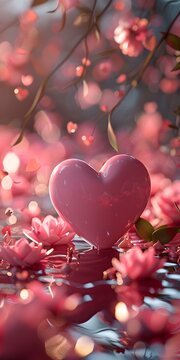A pink heart floating on the water with lotus flowers and cherry blossoms