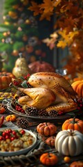 Fototapeta premium Thanksgiving dinner with roasted turkey, pumpkins, and autumn leaves