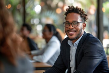 Fototapeta premium Man in formal attire smiling at table with colleagues