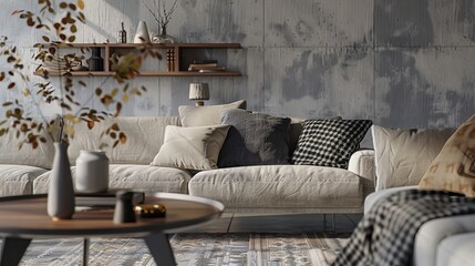 A plush carpet, cozy plaid, and soft pillows add warmth and comfort to the space, inviting relaxation and leisure. 