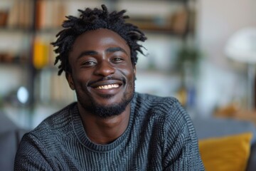Happy man dreadlocks seated couch living room