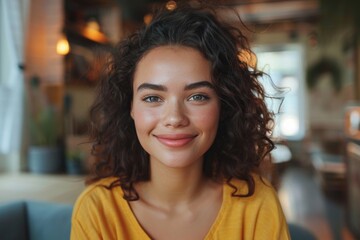 Obraz premium Curly-haired woman in yellow shirt smiling at restaurant