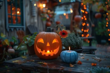 Fototapeta premium Candlelit pumpkin on table
